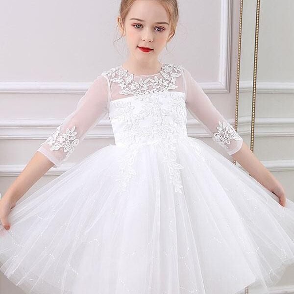 Half Sleeves White Lace Flower Girl Dresses Jewel Neck Silhouette Bows Short Princess Dress Kids Social Party Dresses