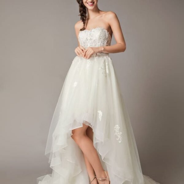 High Low Wedding Dresses Strapless Lace Tulle Bow Sash Asymmetrical Summer Beach Bridal Dress
