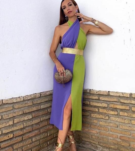 High Neck A-Line Prom Dress with Contrasting Colors. Split. and Belt