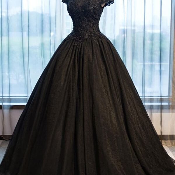High Neck Beading Lace Black Wedding Dresses