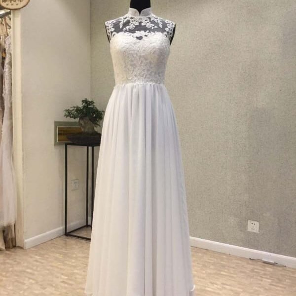 High Neck Chiffon A-Line Wedding Dresses Lace Button