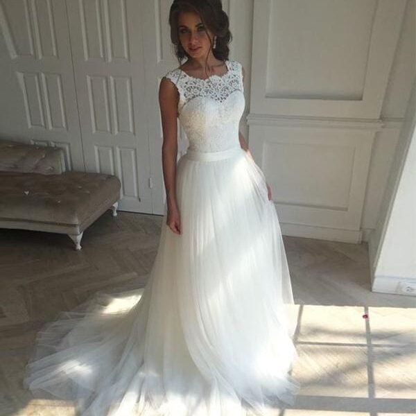Illlusion A-Line Lace-Up Ribbon Wedding Dresses