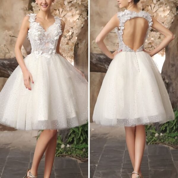 Ivory Backless Lace Applique Tulle Sequins Short Wedding Dress