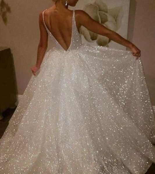 Ivory Sparkly V-neck Sleeveless Backless Floor-length Party Dress Prom Dresses