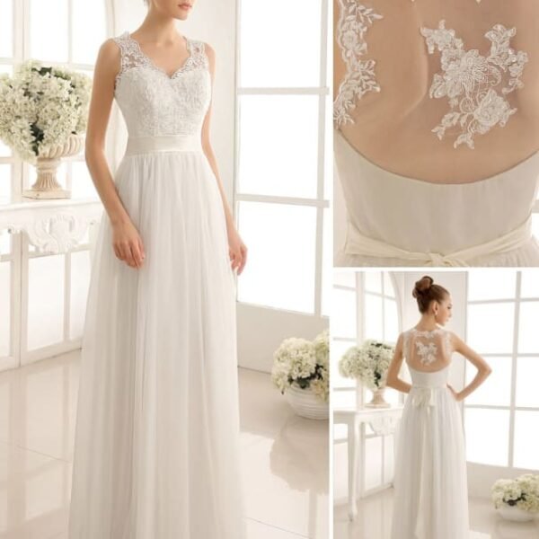 Ivory Wedding Dress Lace Sash Bow Sequins Wedding Gown