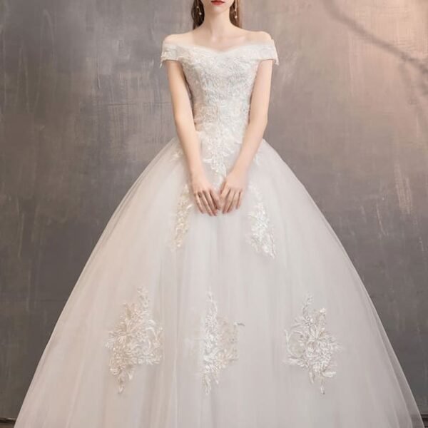 Ivory Wedding Dresses Tulle Off The Shoulder Lace Applique Floor Length Princess Bridal Gown