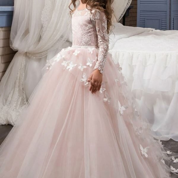 Jewel Neck Flower Girl Dresses Long Sleeves Tulle Butterfly Princess Dresses for Kids