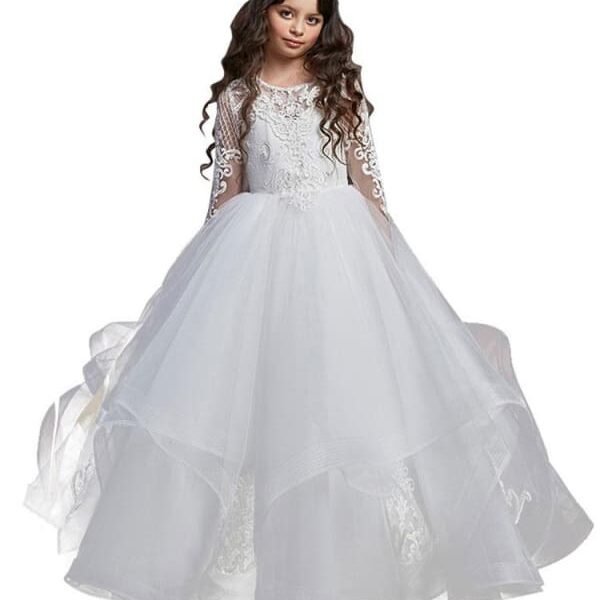 Jewel Neck Lace Long Sleeves Floor-Length Princess Silhouette Embroidered Kids Party Dresses