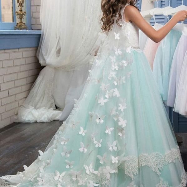 Jewel Neck Sleeveless Butterfly Flower Girl Dresses Detachable Wrap Formal Kids Pageant Dresses