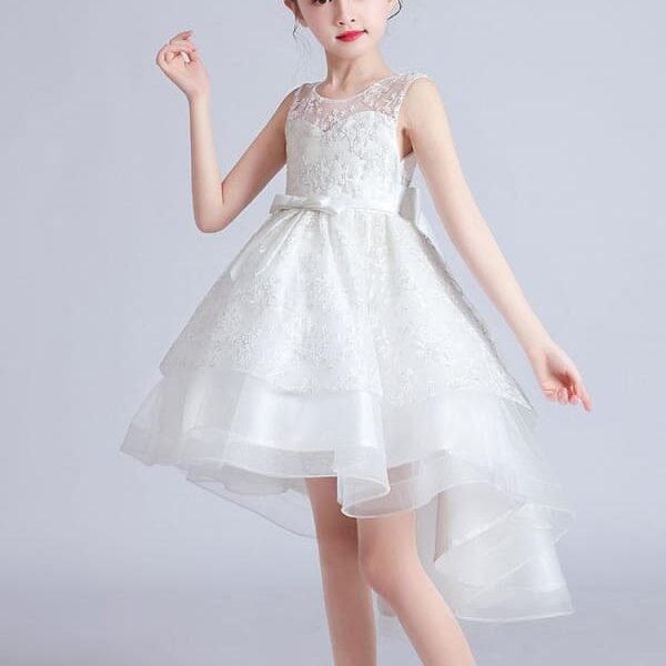 Jewel Neck Sleeveless Embroidered Kids Party Dresses Hi-Lo Flower Girl Dresses