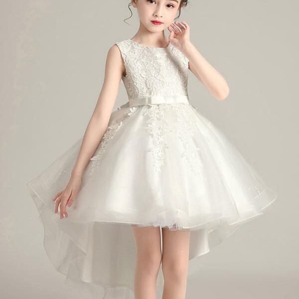 Jewel Neck Sleeveless Embroidered Kids Party Dresses Hi-Lo Princess Flower Girl Dress