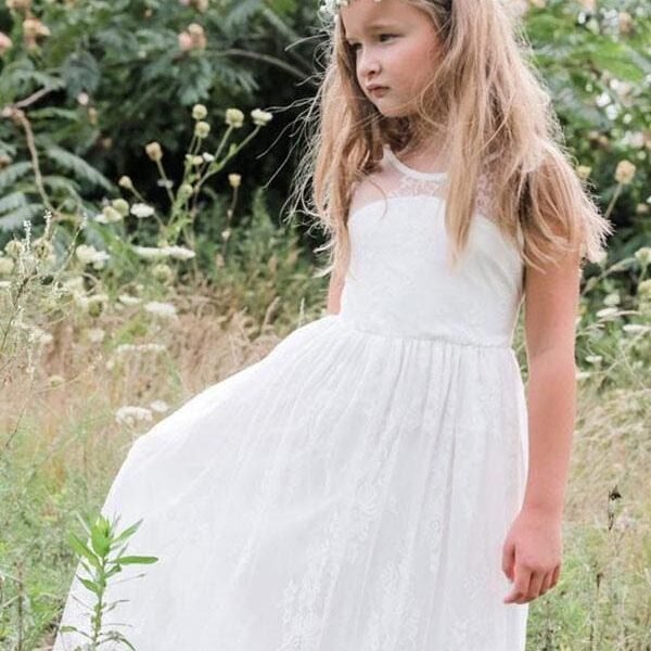 Jewel Neck Sleeveless White Flower Girl Dresses Lace Formal Kids Dresses