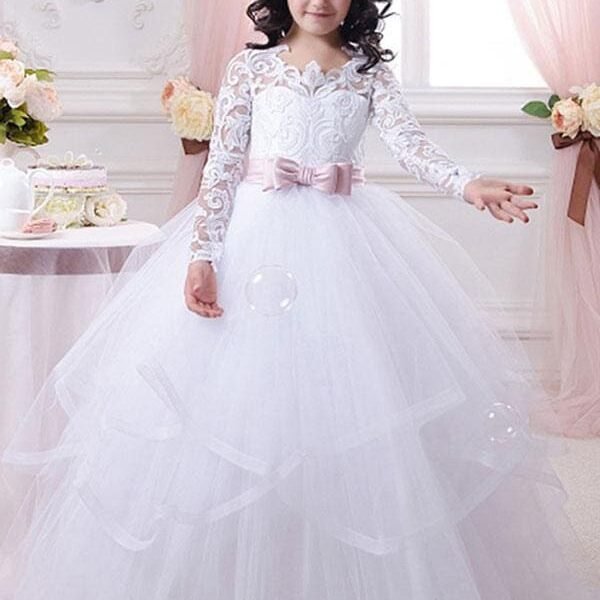 Jewel Neck Tulle White Flower Girl Dresses Long Sleeves Floor-Length Ball Gown