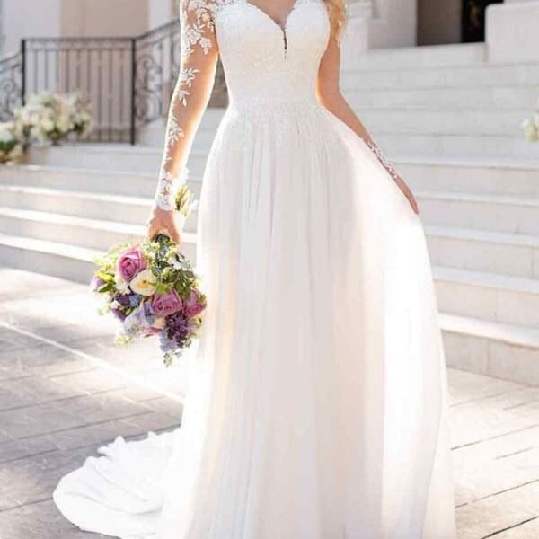 Lace Wedding Dresses 2021 Chiffon V Neck A Line Long Sleeve Lace Applique Beach Wedding Bridal Dress With Train Free Customization