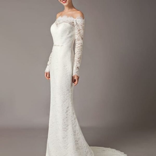 Lace Wedding Dresses Off The Shoulder Long Sleeve Beaded Sash Bridal Gowns With Train