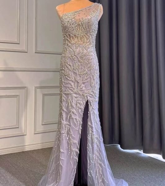 Light Purple Front Split One-Shoulder Beaded Mermaid Prom Dress with Long Ruffles