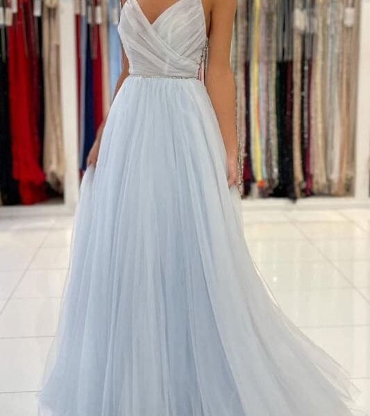 Light Sky Blue Spaghetti-Straps Tulle Long Prom Dress with Beads