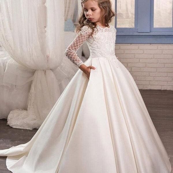 Long Sleeve Lace Flower Girl Dresses Balll Gowns For Girls