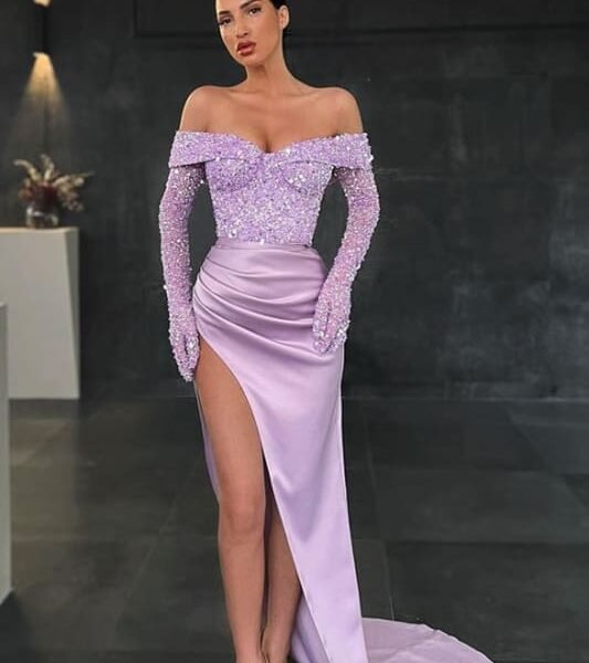 Long Sleeves Sequins Mermaid Prom Dress with Slit