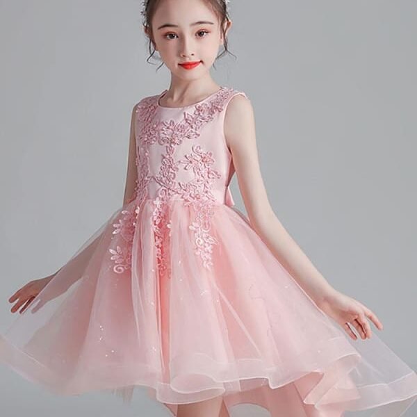 Lovely Pink Lace Tulle Flower Girl Dresses Jewel Neck Sleeveless Embroidered Kids Party Dresses