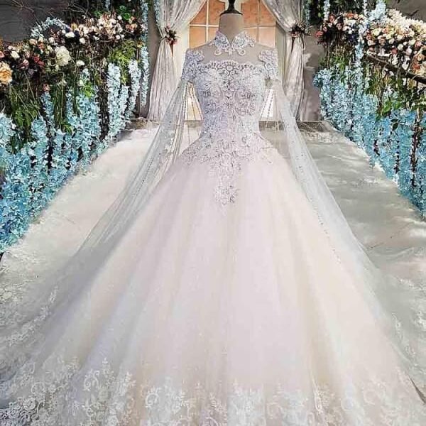 Luxury High Neck Lace Ball Gown Wedding Dresses
