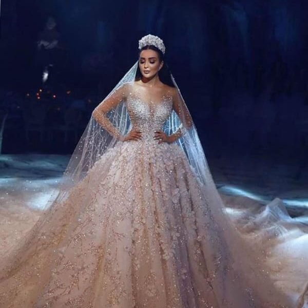 Luxury Long Sleeve V Neck Royal Ball Gown Wedding Dresses