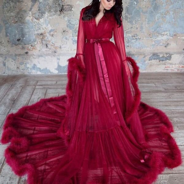 Maternity Wedding Dress Burgundy V-Neck Long Sleeves Tulle Long Bridge Gowns With Train