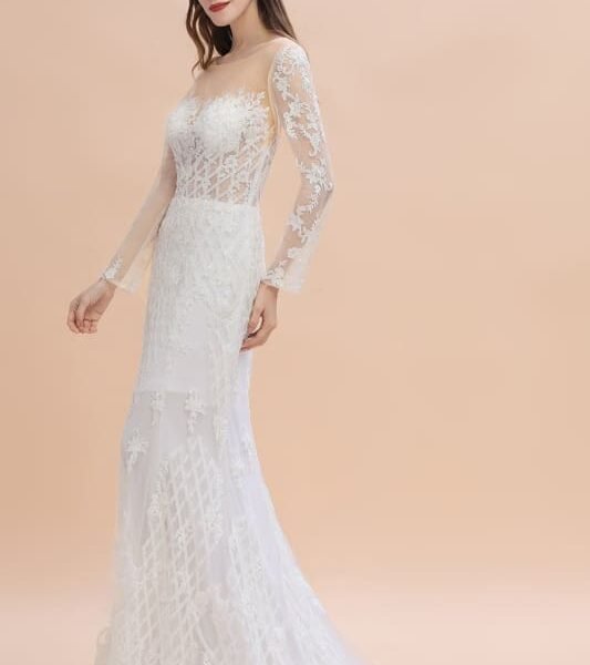Mermaid Lace Long Sleeve Sheer Tulle Wedding Dresses With Detachable Train