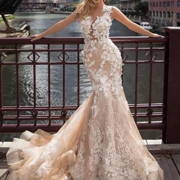 Mermaid  Trumpet Jewel Neck Chapel Train Lace Tulle Regular Straps Illusion Detail Backless Wedding Dresses
