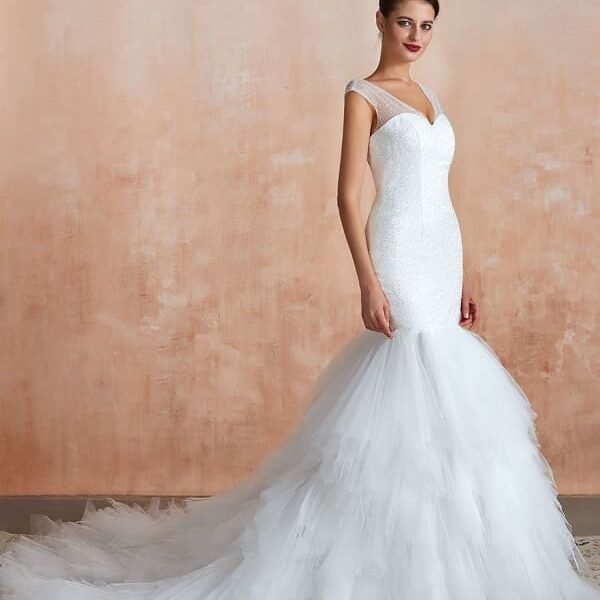 Mermaid Wedding Dress Beaded V Neck Sleeveless Bridal Gowns With Train