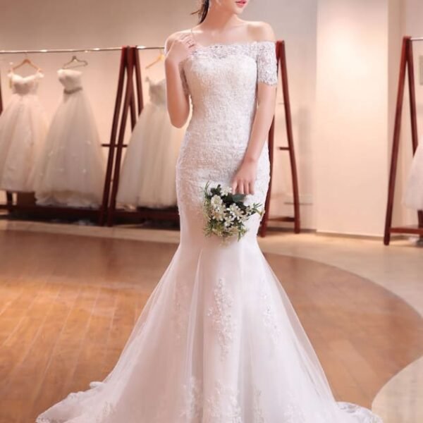 Mermaid Wedding Dresses Lace Beading Off The Shoulder Short Sleeve Fishtail Ivory Bridal Gown With Train