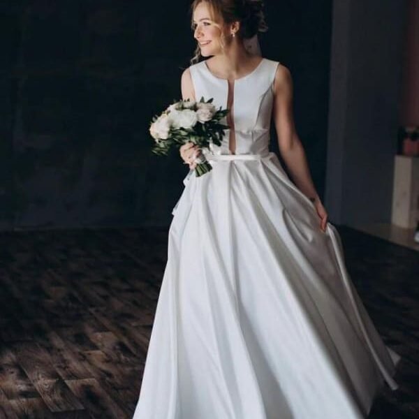 Modest Jewel Open Back Sweep Train A Line Wedding Dresses