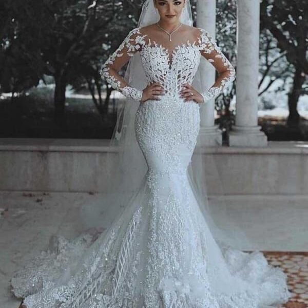Modest Long Sleeves Lace Appliques Mermaid Wedding Dresses