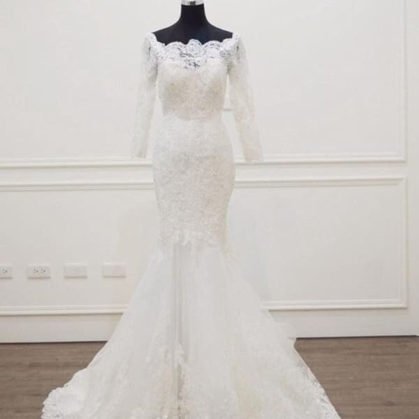 Modest Long Sleeves Sweep Train Lace Mermaid  Wedding Dresses