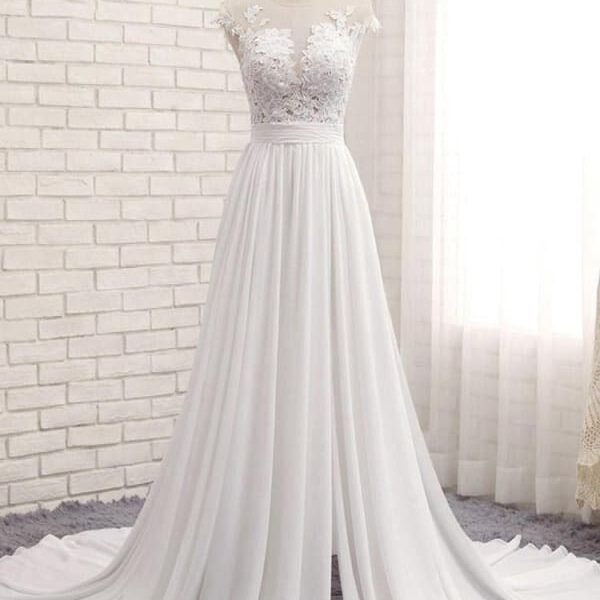 Modest V-neck Lace Split Covered Button Wedding Dresses