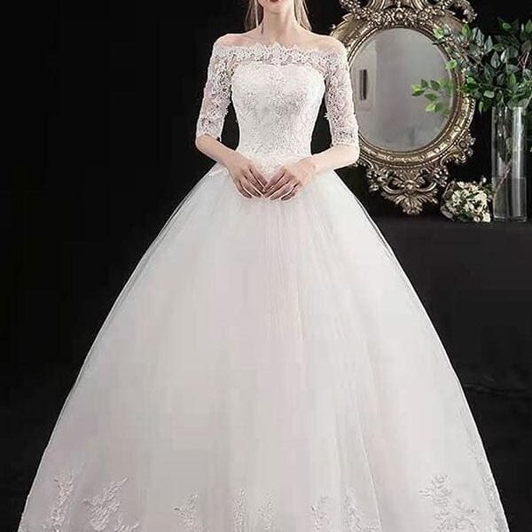 White Off The Shoulder Wedding Dresses Half Sleeves Ball Gown Tulle Lace Up Floor Length Bride Dresses