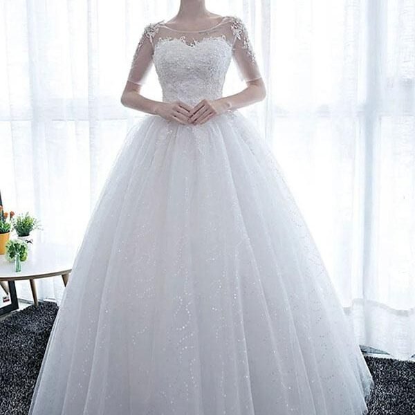 Wedding Dresses White Off The Shoulder Short Sleeves Tulle Floor Length Bride Dresses