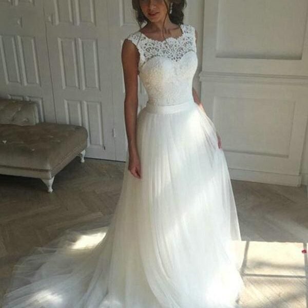 Lace O-Neck Lace Tulle Boho Wedding Dresses