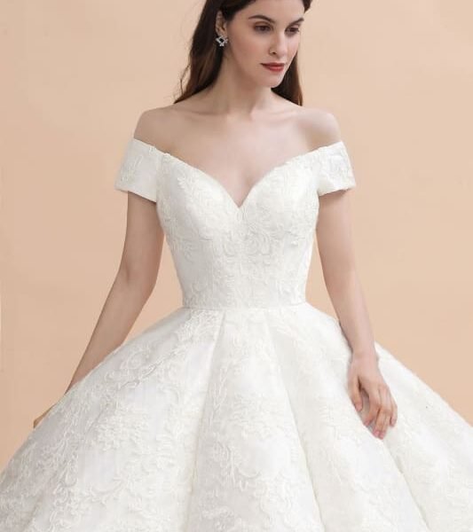 Off The Shoulder Lace Beaded Ball Gown Wedding Dress