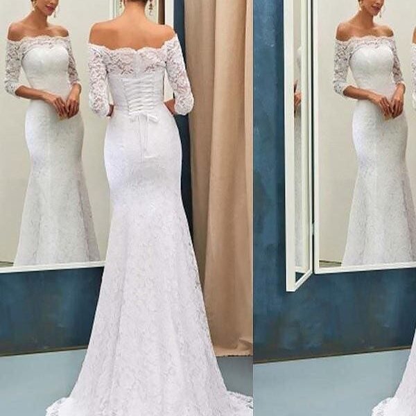 Off-the-Shoulder Lace Mermaid Long Sleeves Sweep Train Wedding Dresses