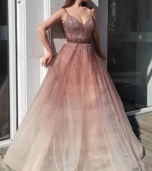 Ombre Spaghetti-Strap Deep V-Neck Tulle Prom Dress with Sequins and Beads