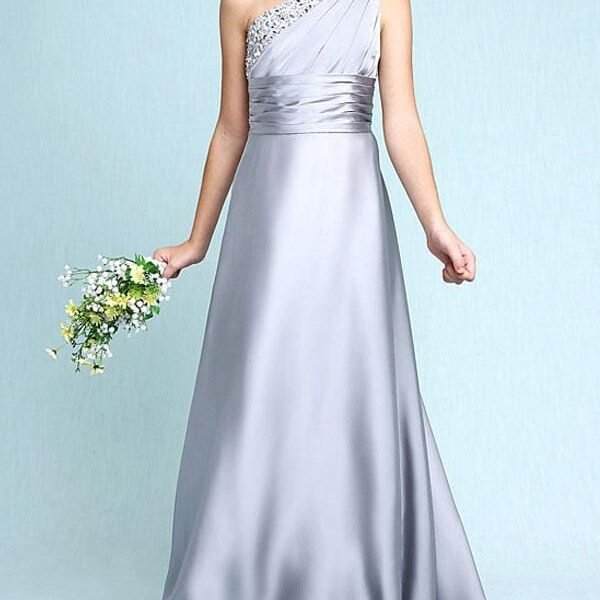 One Shoulder Elastic Satin Flower Girl Dresses Sliver Sleeveless A Line Beaded Kids Party Dresses