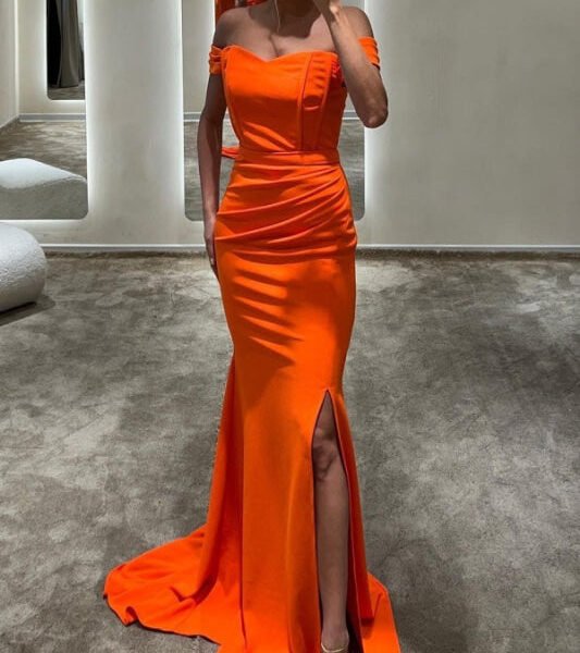 Orange Off-the-Shoulder Prom Dress with Long Split Mermaid Style