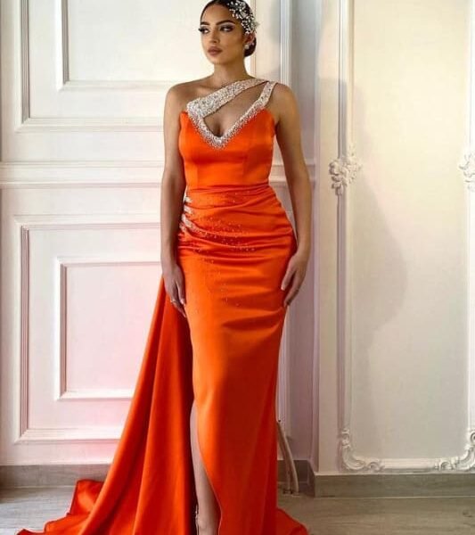 Orange One-Shoulder V-Neck Long Mermaid Prom Dress with Split