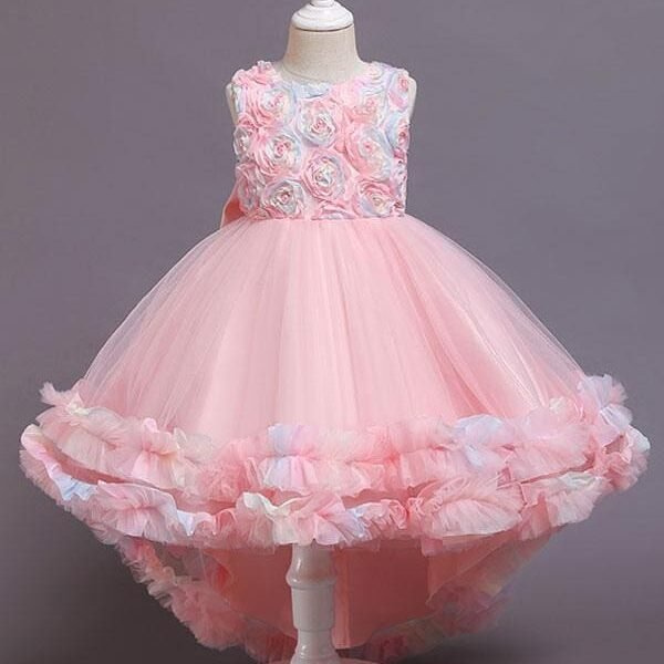 Pink 3D Floral Flower Girl Dresses Tulle Sleeveless A-Line Bows Formal Kids Pageant Dresses With Train
