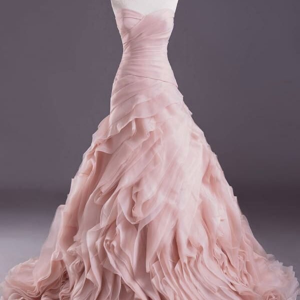 Pink A-Line Strapless Sweetheart Neck Tiered Sweep Wedding Gown
