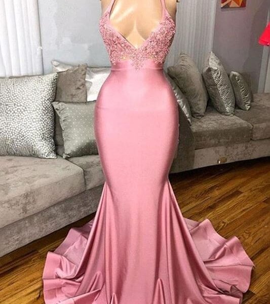 Pink Halter Mermaid Prom Dress with Lace Appliques