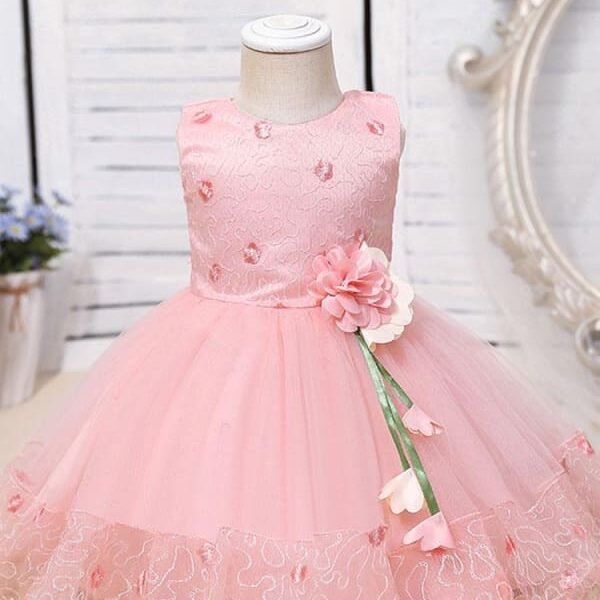 Pink Jewel Neck Flower Girl Dresses Sleeveless Cotton Tulle Flowers Kids Party Dresses