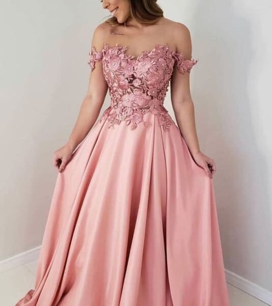 Pink Sheer Neck Long Prom Lace Appliques Charming Party Dress with Beads
