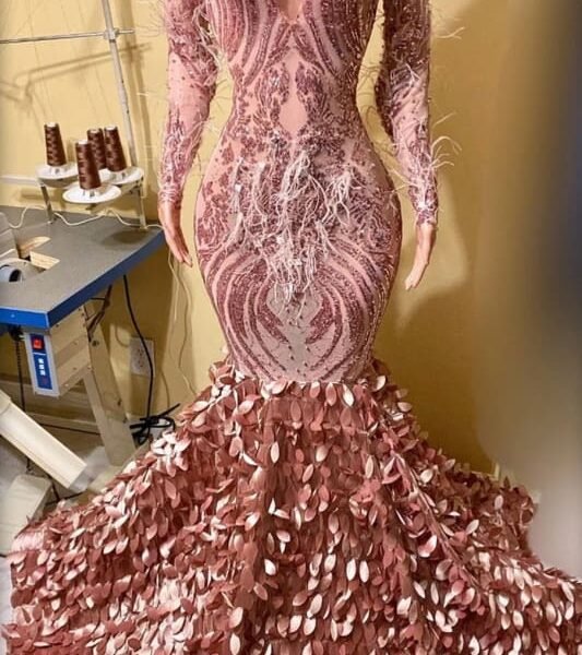 Pink V-Neck Long Sleeve Mermaid Prom Dress with Feathers and Sequins